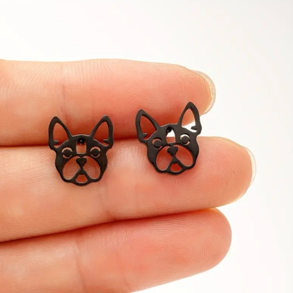 🐾 New! Black French Bulldog Stainless Steel Frenchie Stud Earrings - Picture 3 of 7